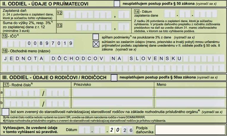 údaje JDS na dve percentá z daní